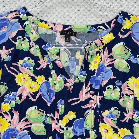 Talbots Top Womens Large Black Yellow Blue Long Sleeve Split Neck Pullover Flora - Picture 2 of 10